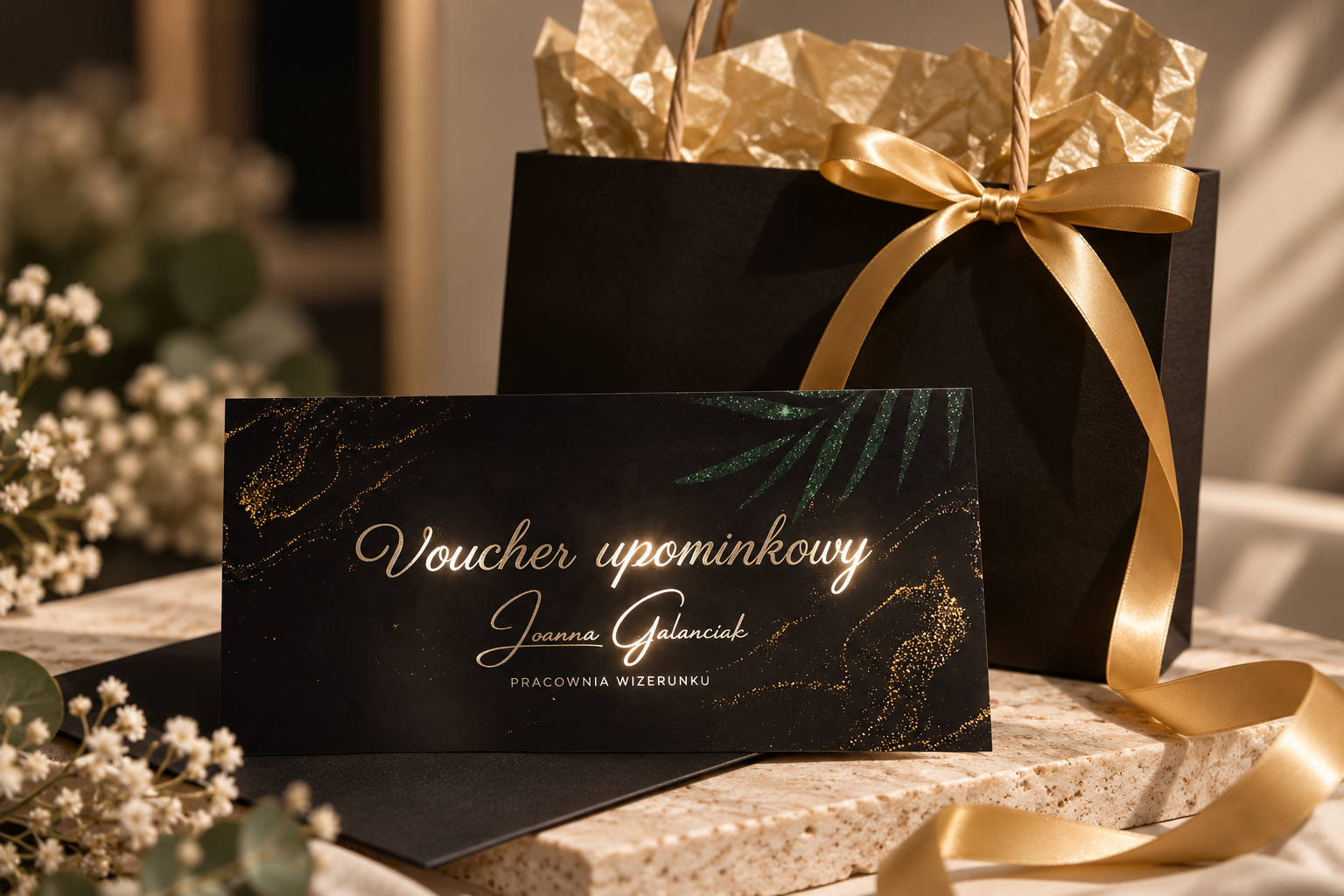Elegancki voucher podarunkowy Joanna Galanciak w oprawie ze złotą kokardą i czarną torebką